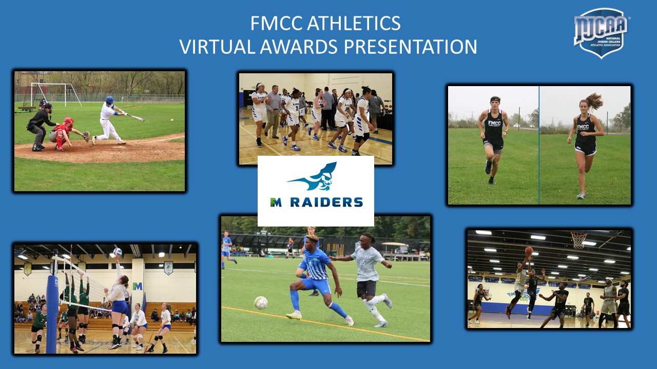 Blue Background FMCC Athletic Awards slide with action photos of various sports. 